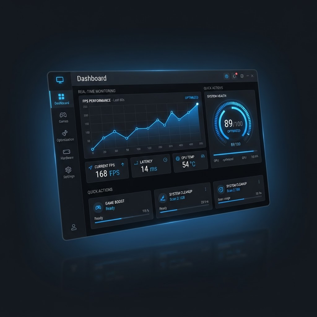 NovaOptimizer performance dashboard showing rising FPS graph and live system stats